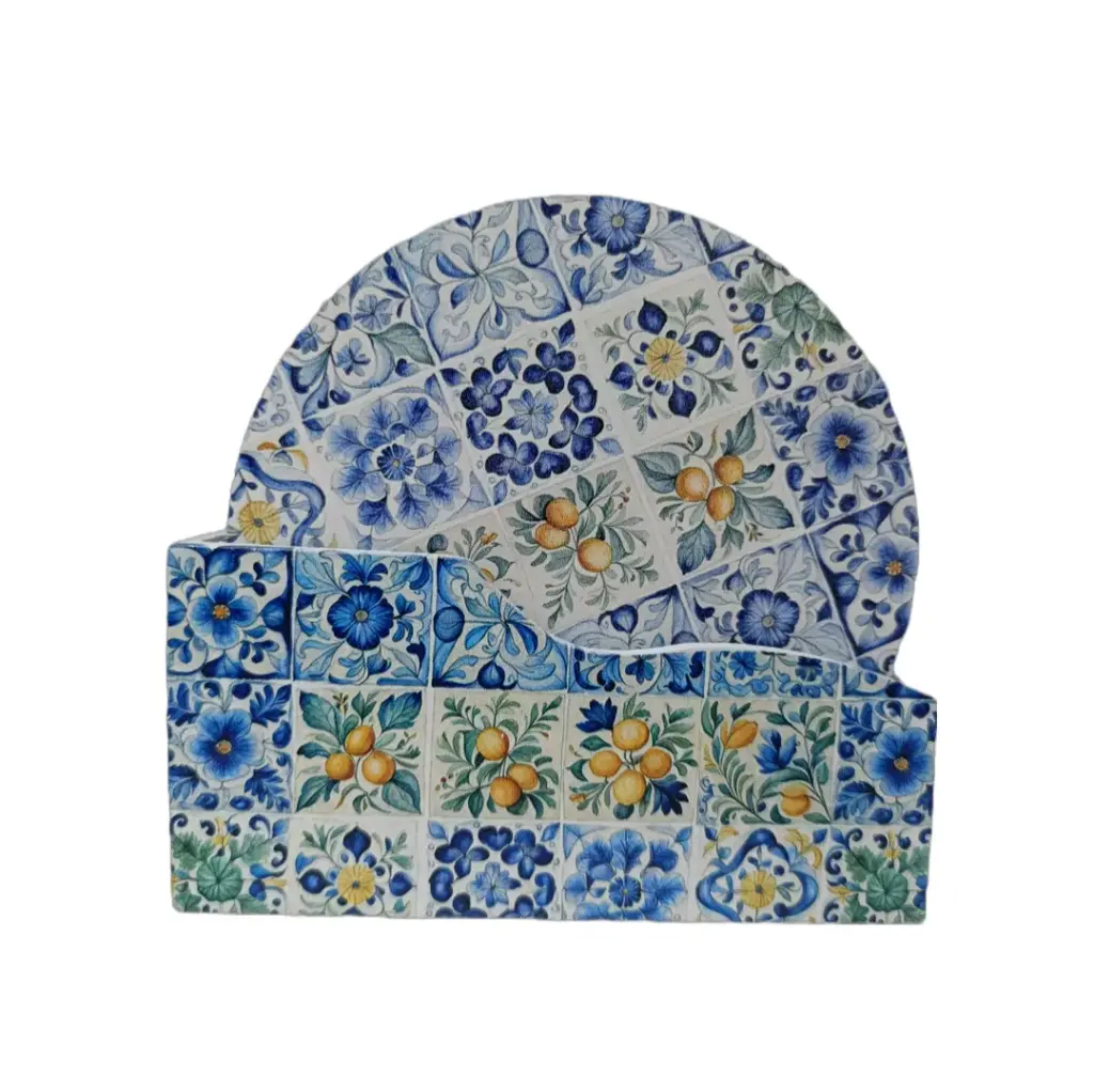 Set sei sottobicchieri ceramica decorati maioliche blu azzurro verde con supporto ad arco