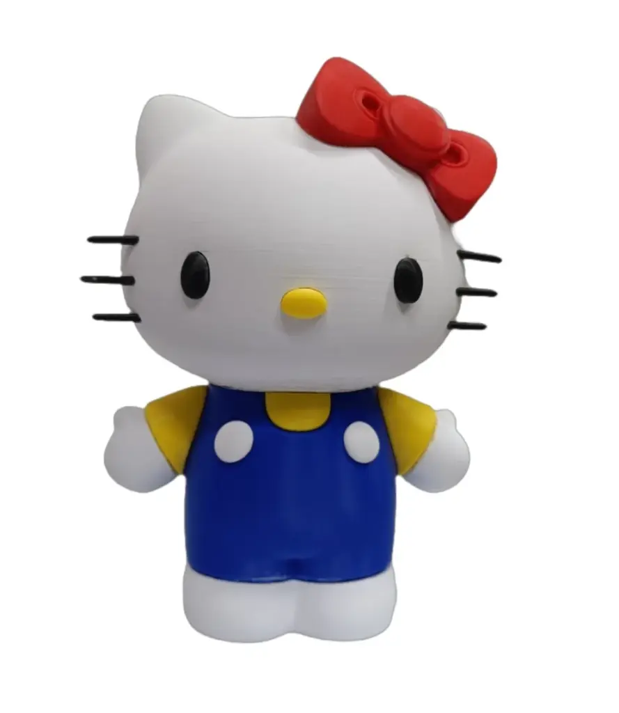 Statuetta Hello Kitty 3D in plastica PLA bianca con vestitino blu a pois e fiocco rosso