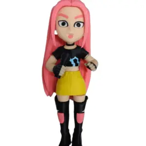 Statuetta stampa 3D personaggio femminile con capelli rosa, maglietta nera e gonna gialla su base nera