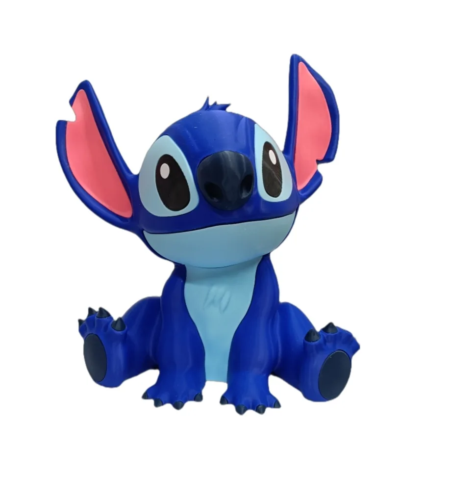 Statuetta stampa 3D Stitch blu seduto con orecchie rosa e pancia celeste in PLA lucido