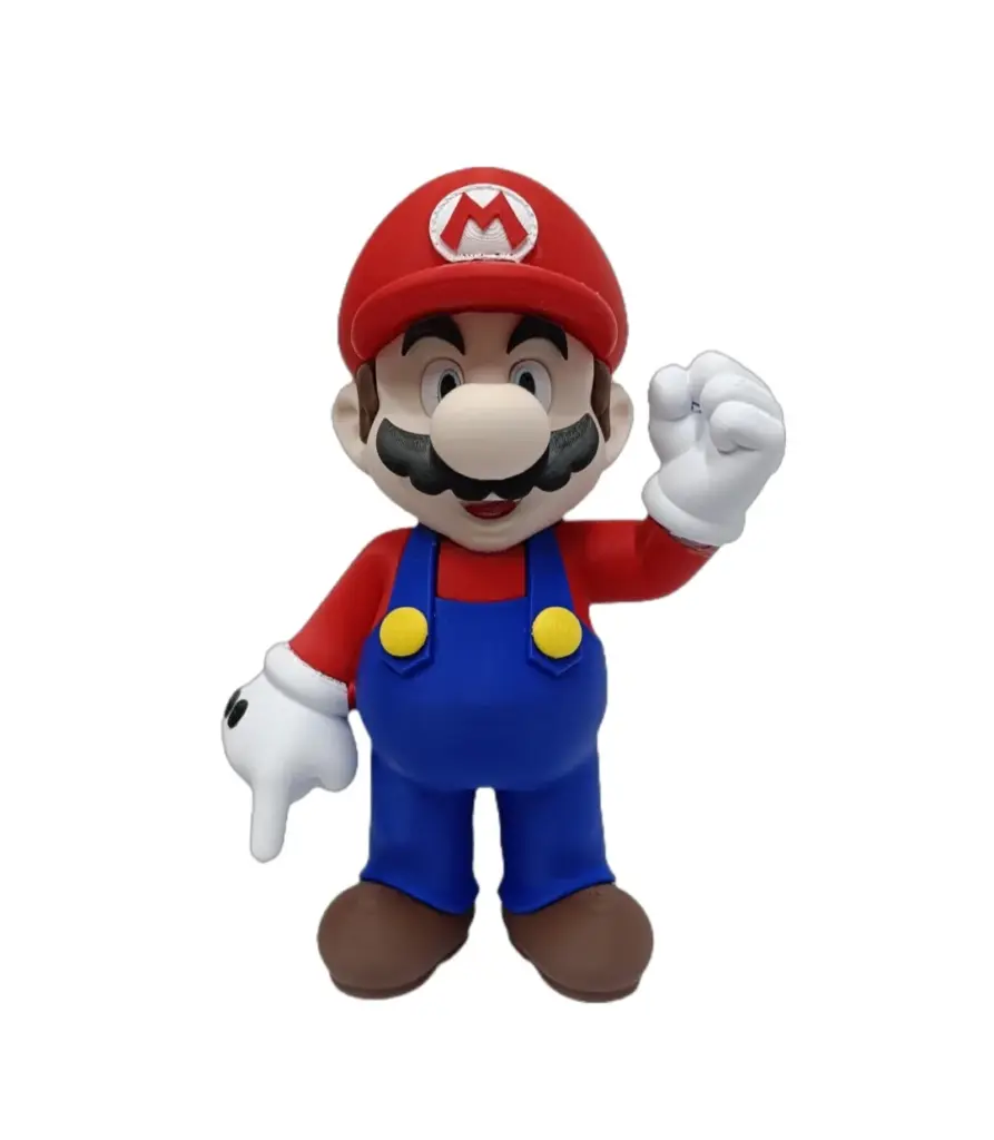 Statuetta Super Mario in plastica stampata 3D con cappello rosso, salopette blu e pugno alzato