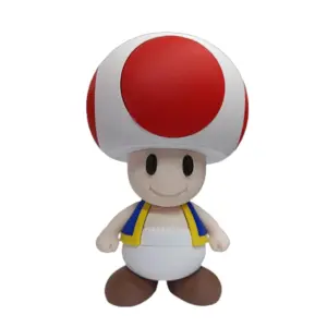 Statuetta toad super mario in plastica con cappello rosso bianco e salopette gialla blu