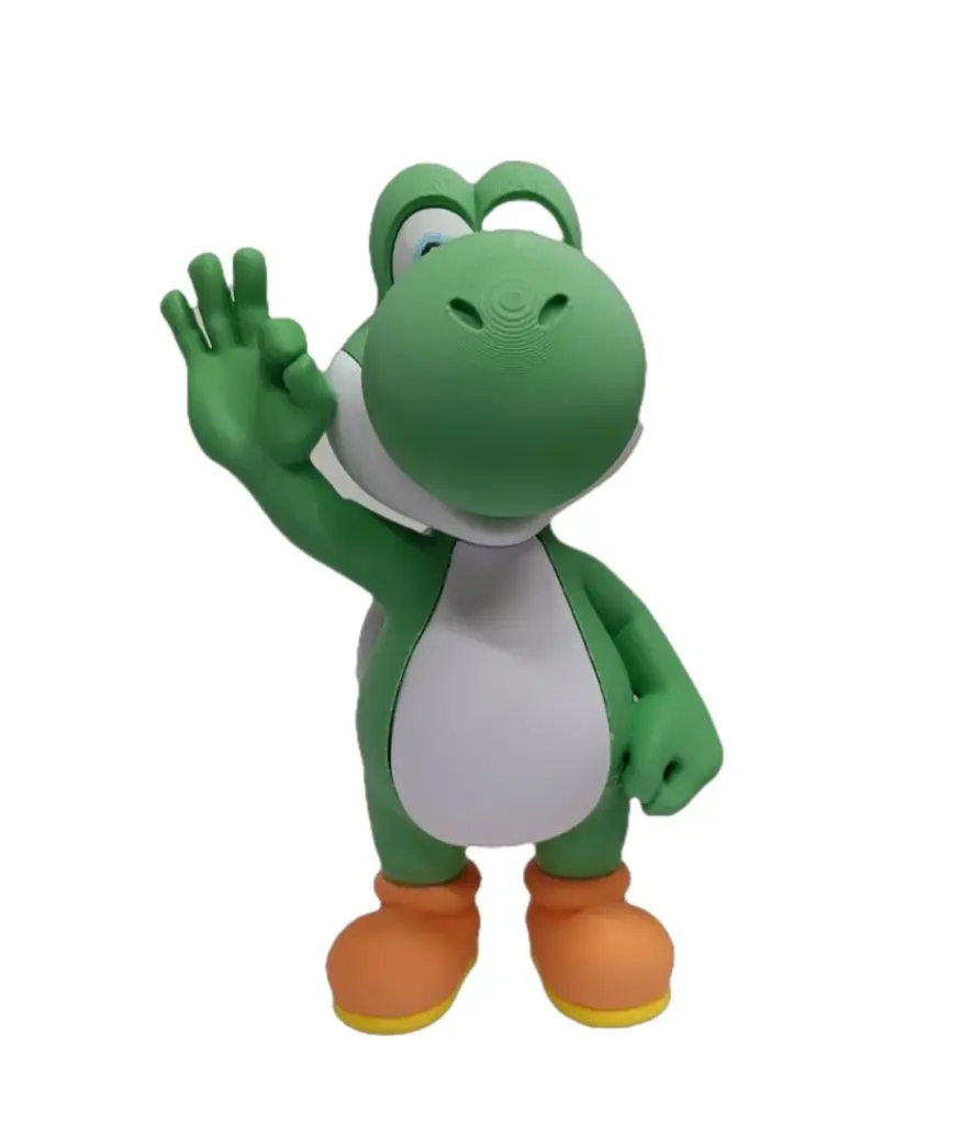 Statuetta Yoshi Super Mario verde in plastica stampata 3D con pancia bianca e scarpe arancioni