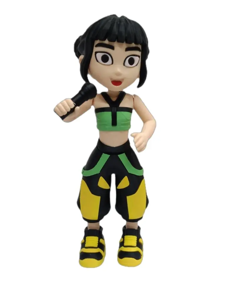 Statuetta stampa 3D personaggio femminile cartoon outfit sportivo verde nero giallo con microfono