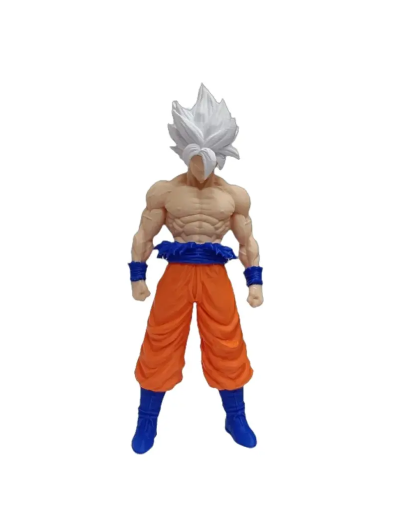 Statuetta Goku stampa 3D plastica capelli argentati pantaloni arancioni stivali blu