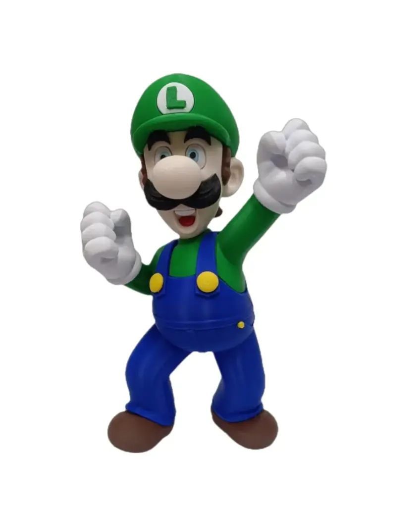 Statuetta Luigi Super Mario Bros in plastica con cappello verde, salopette blu e posa dinamica