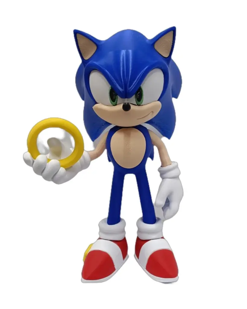 Statuetta Sonic the Hedgehog blu con scarpe rosse e anello dorato, stampa 3D in plastica