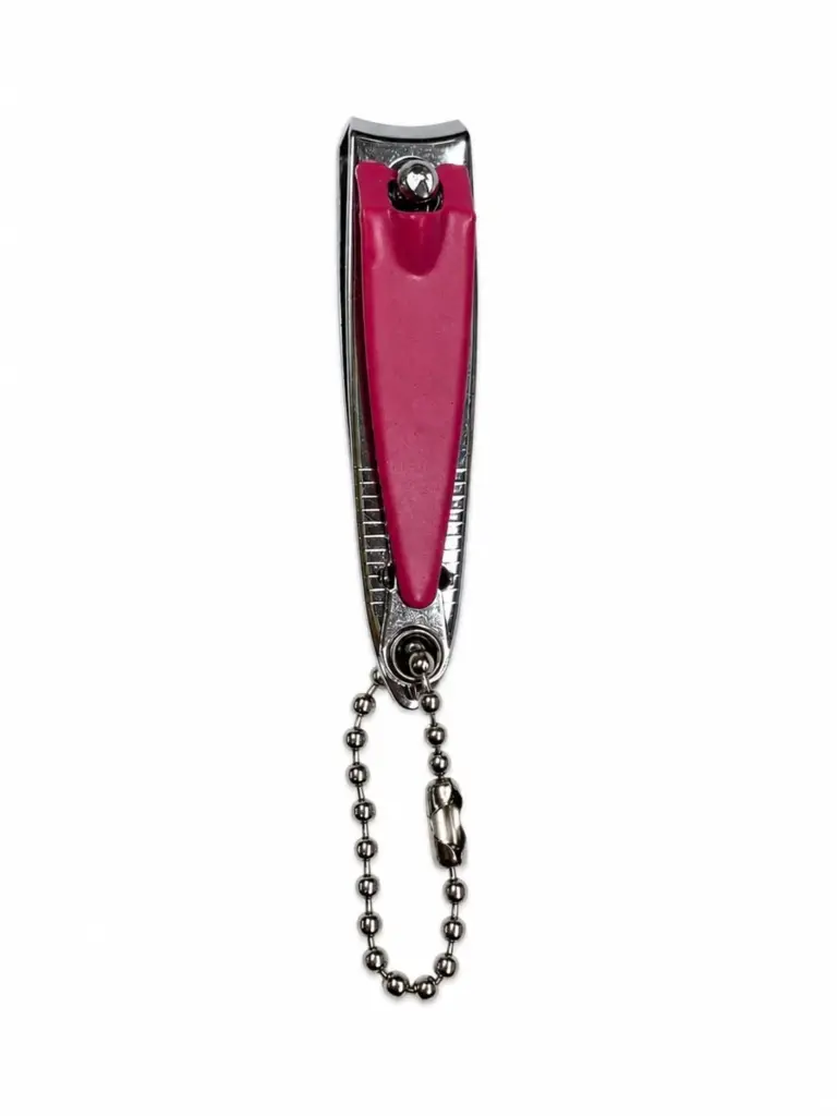 Tagliaunghie fucsia portachiavi in metallo cromato con catenella a sfere e moschettone