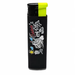 Accendino nero con pulsante giallo, stampa bianca con monumenti e paesaggi calabresi e scritta Calabria in rosso.