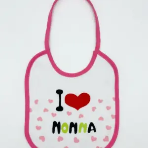 Bavetta neonato bianca con bordi fucsia, scritta I Love Nonna in nero e verde lime, cuore rosso, cuori rosa su tutta la superficie