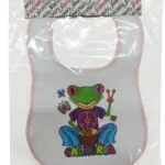 Bavetta neonato bianca bordo rosa con rana verde hippie, tamburo, farfalle multicolori e scritta CALABRIA arcobaleno