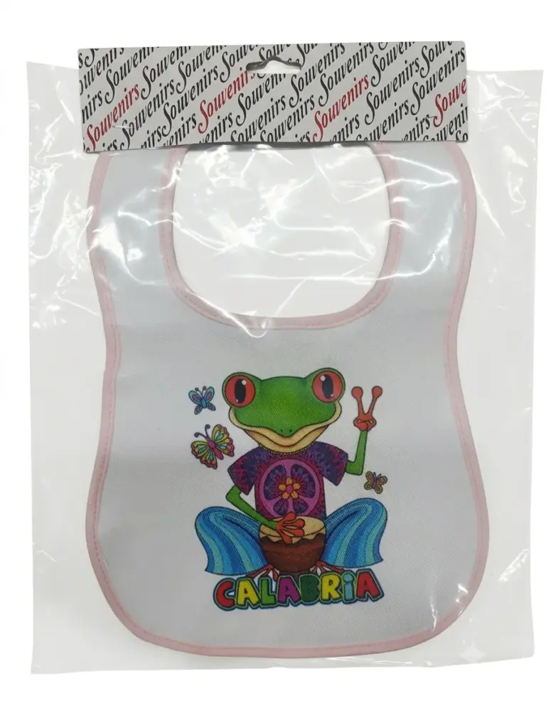 Bavetta neonato bianca bordo rosa con rana verde hippie, tamburo, farfalle multicolori e scritta CALABRIA arcobaleno
