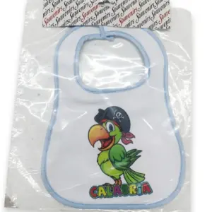 Bavetta neonato bianca bordino azzurro pappagallo pirata verde cappello nero bandana rossa scritta CALABRIA multicolor