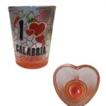 Bicchierino vetro arancio scritta I ❤ CALABRIA mosaico rosso con peperoncini e ciotolina a cuore in vetro arancione