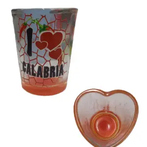 Bicchierino vetro arancio scritta I ❤ CALABRIA mosaico rosso con peperoncini e ciotolina a cuore in vetro arancione