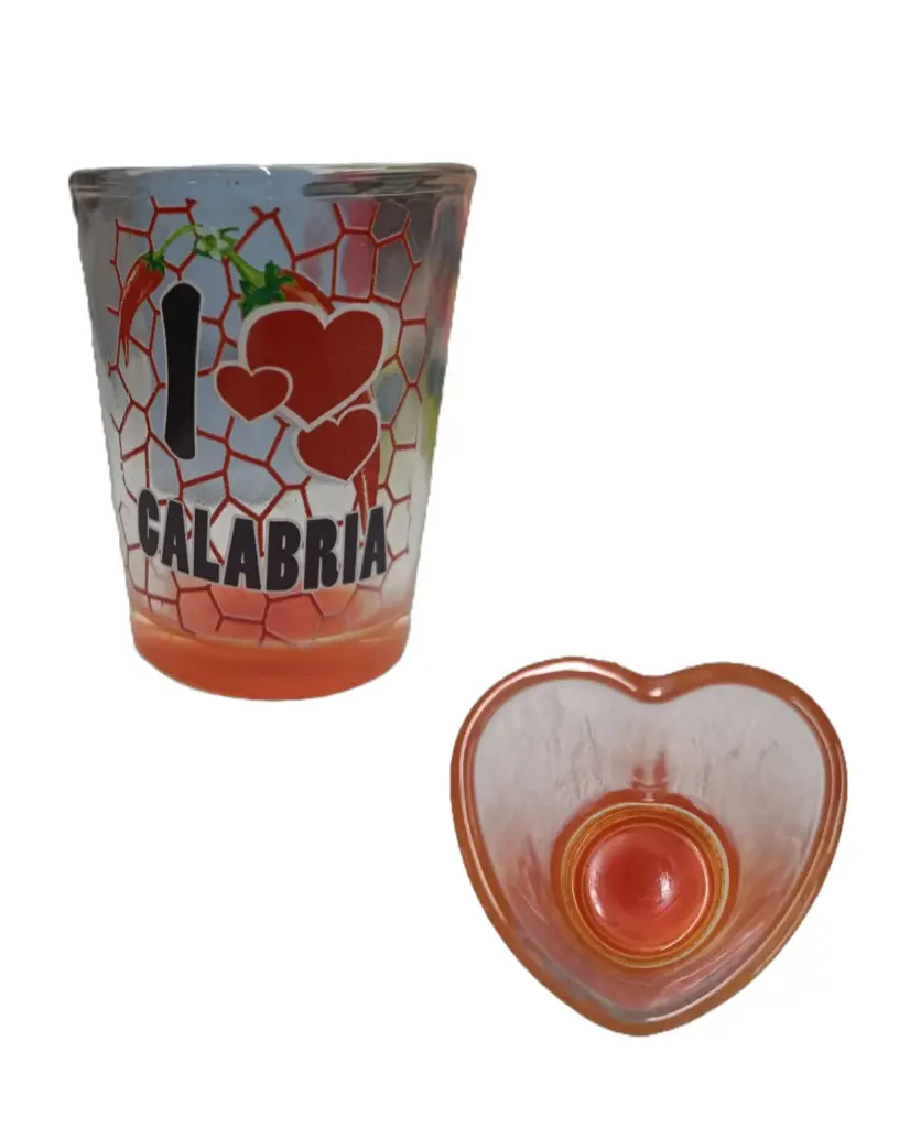 Bicchierino vetro arancio scritta I ❤ CALABRIA mosaico rosso con peperoncini e ciotolina a cuore in vetro arancione