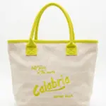 Borsa tote tessuto intrecciato beige con manici giallo lime e scritta ricamata Calabria best place in the world summer beach