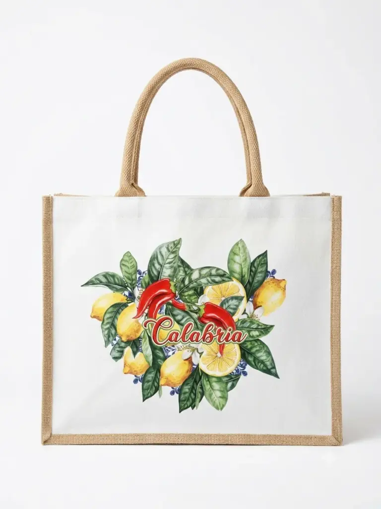 Shopper con corpo in tela bianca e manici in juta, decorata con limoni gialli, peperoncini rossi, foglie verdi e scritta Calabria in corsivo rosso