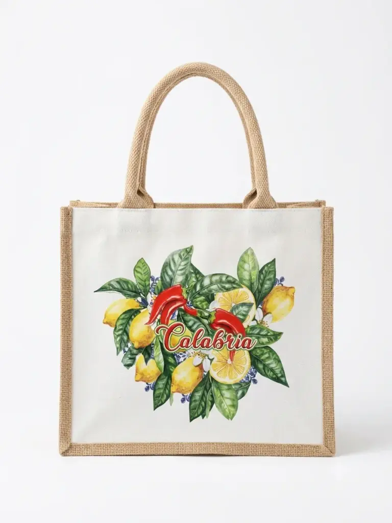 Shopper in tessuto bianco e juta naturale con stampa di limoni gialli, peperoncini rossi, foglie verdi e scritta Calabria in corsivo