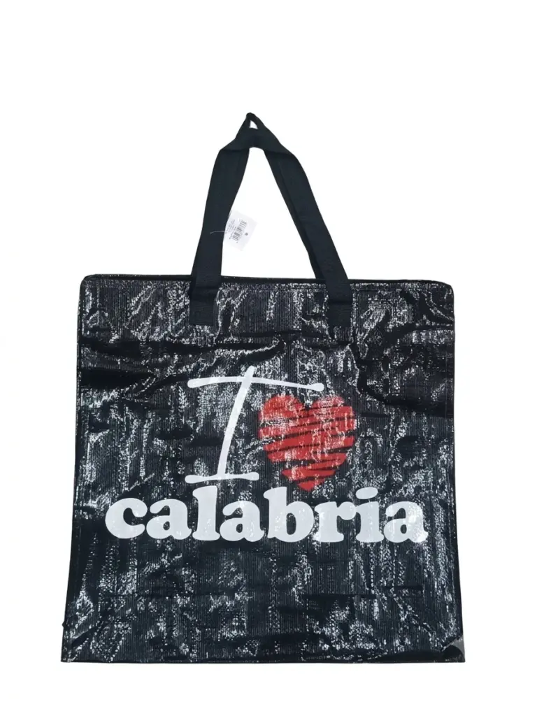 Borsa shopper nera in tessuto laminato con scritta I love calabria bianca e cuore rosso al centro, manici corti neri