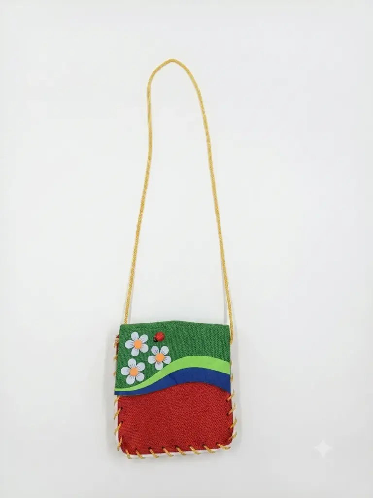 Borsetta a tracolla in tessuto rosso e verde con margherite bianche, coccinella rossa e tracolla a catena intrecciata dorata