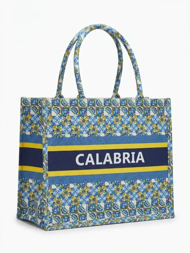 Borsa shopper in tessuto con pattern geometrico-floreale blu cobalto, azzurro e giallo e fascia navy con scritta CALABRIA in bianco