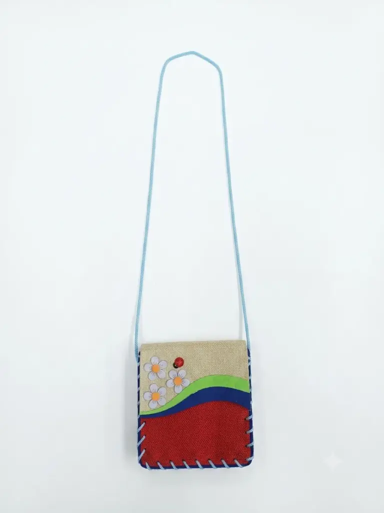 Borsa tracolla tessuto beige e rosso, margherite bianche e coccinella rossa, tracolla azzurra intrecciata