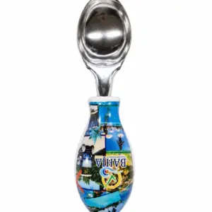 Cucchiaio gelato, testa acciaio, manico con collage Villaggio Bahja, scritta BAHJA su sfondo blu e verde
