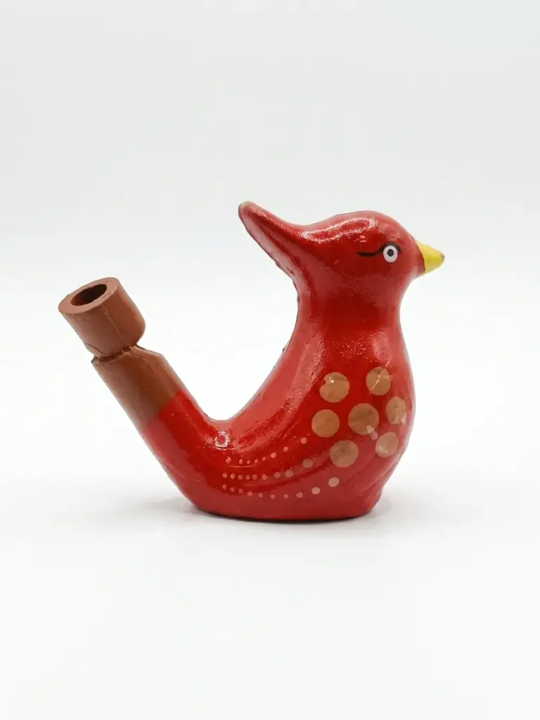 Fischietto ad acqua ceramica uccellino rosso lucido con pois beige, becco giallo, occhio dipinto e beccuccio laterale in terracotta