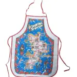 Grembiule da cucina sfondo blu con mappa della Calabria, nomi di città, peperoncini rossi e bordo rosso