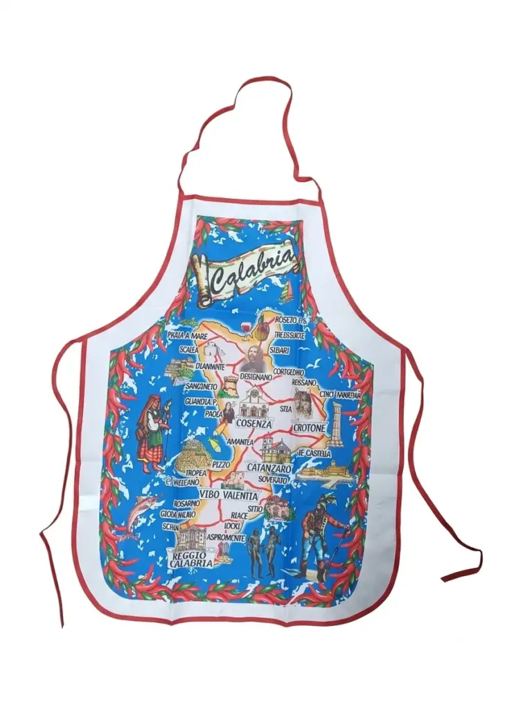 Grembiule da cucina sfondo blu con mappa della Calabria, nomi di città, peperoncini rossi e bordo rosso