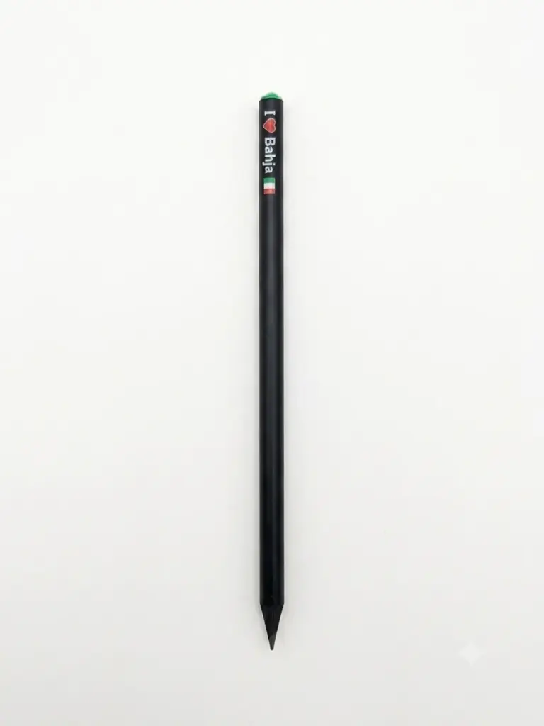 Matita fusto nero con scritta bianca I Love Bahja, cuore rosso, bandiera italiana e strass verde in cima