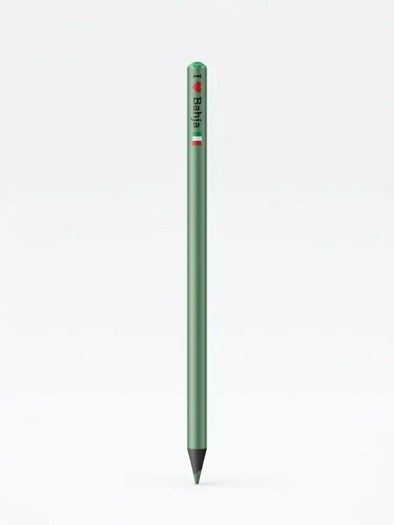 Matita con fusto verde metallizzato, scritta I Love Bahja con cuore rosso, bandiera italiana e strass verde sulla capsula
