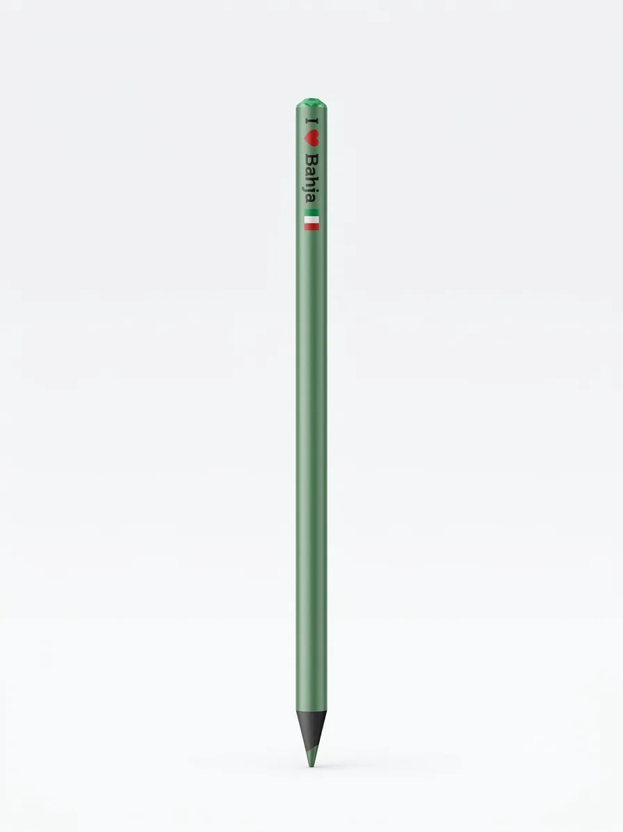 Matita con fusto verde metallizzato, scritta I Love Bahja con cuore rosso, bandiera italiana e strass verde sulla capsula