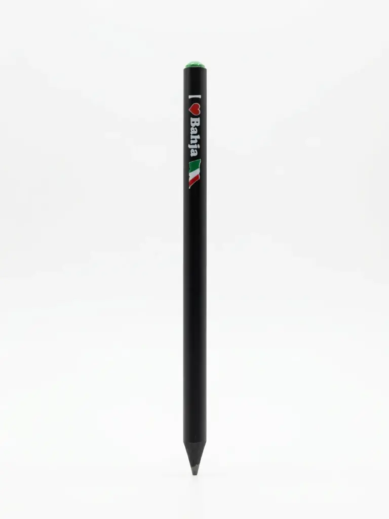Matitone nero opaco con scritta I Love Bahja, cuore rosso, bandiera italiana tricolore e strass verde chiaro in cima