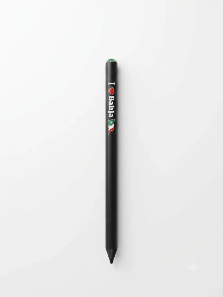 Matitone grande fusto nero opaco con scritta I Love Bahja in bianco, cuore rosso, bandiera tricolore e strass verde scuro in cima