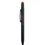 Penna a sfera nera con scritta Calabria in corsivo rosso e gommino rosso, clip nera laterale su sfondo bianco