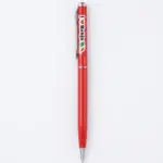 Penna a sfera fusto rosso lucido con clip cromata, scritta I Love Bahja, cuore rosso e bandiera italiana tricolore stampati sul corpo