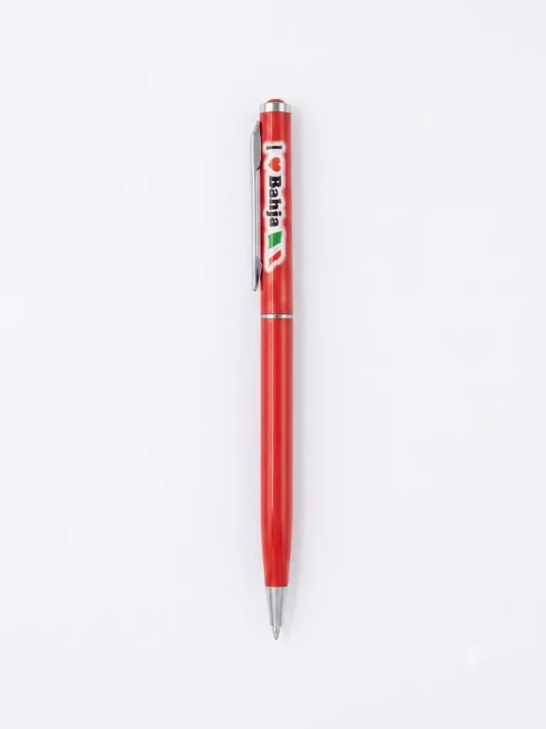 Penna a sfera fusto rosso lucido con clip cromata, scritta I Love Bahja, cuore rosso e bandiera italiana tricolore stampati sul corpo