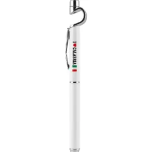 Penna a sfera bianca con scritta I Love Calabria, cuore rosso e tricolore, clip cromata e puntale touch screen nero in cima