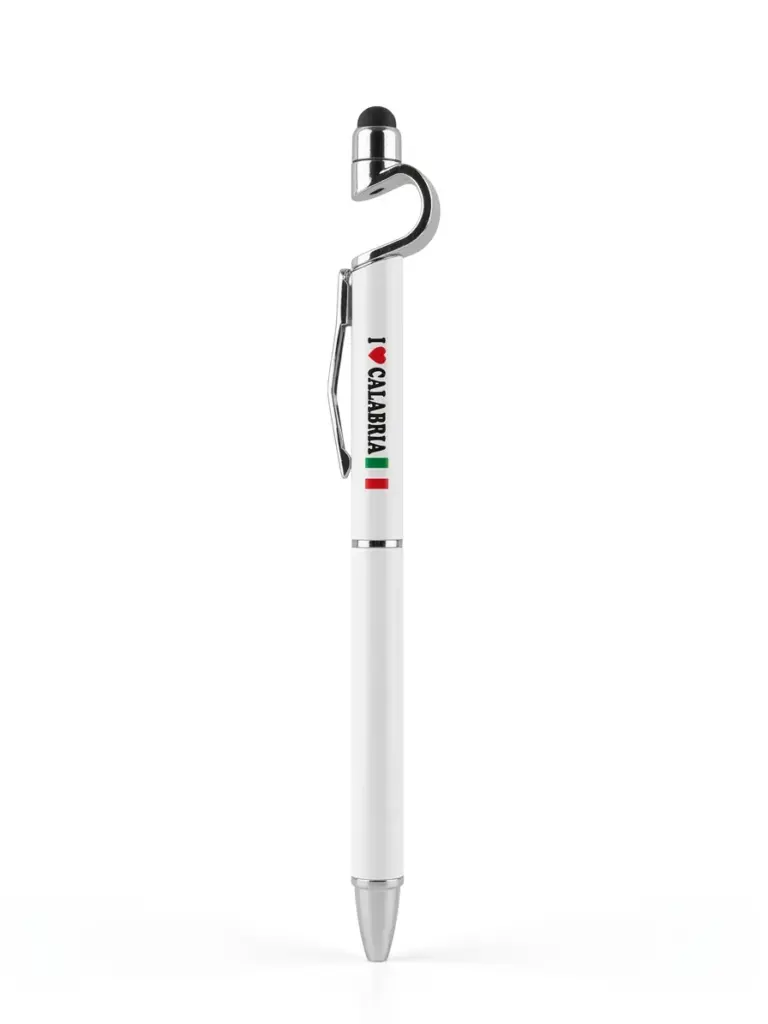 Penna a sfera bianca con scritta I Love Calabria, cuore rosso e tricolore, clip cromata e puntale touch screen nero in cima