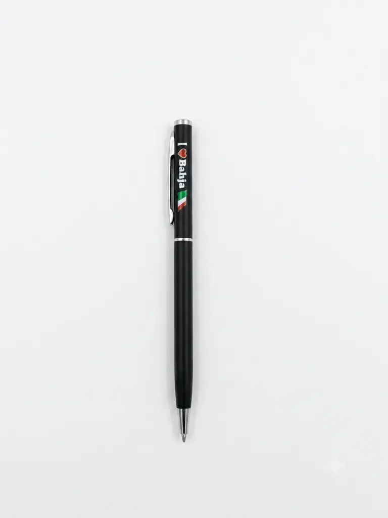Penna a sfera nera con scritta I Love Bahja, cuore rosso e bandiera italiana tricolore, finiture cromate