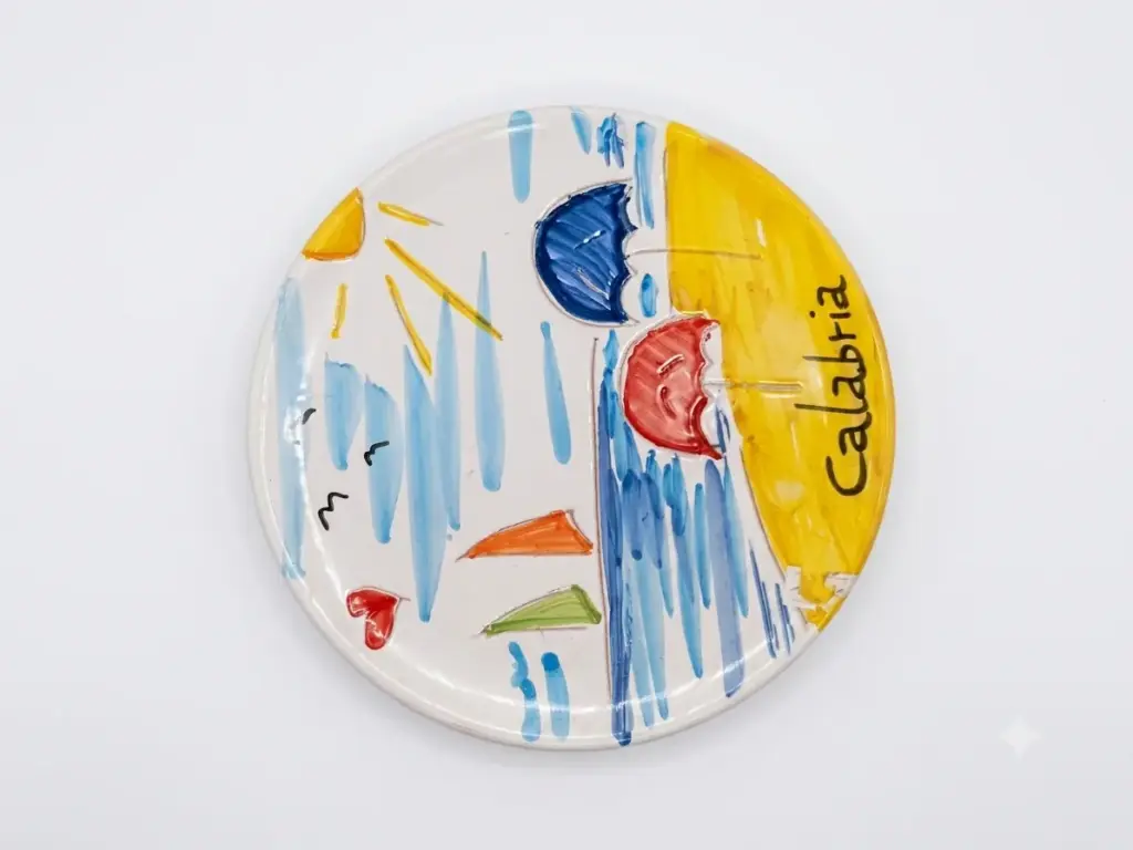 Piatto ceramica rotondo con sole giallo e scritta Calabria, ombrelloni blu e rosso, barche arancioni e verdi, pennellate azzurre di mare