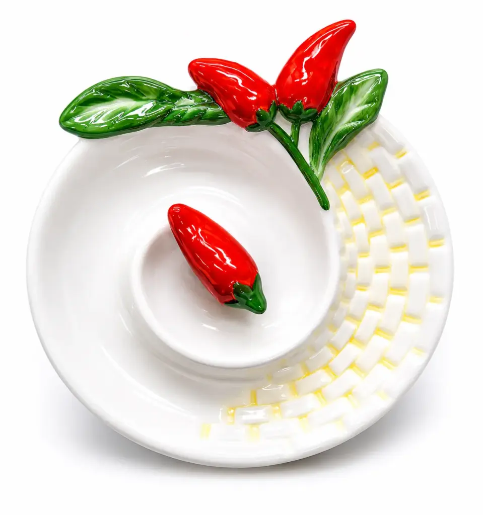 Piatto ceramica bianca con tre peperoncini rossi a rilievo sul bordo, foglie verdi, bordo intrecciato bianco e giallo, peperoncino al centro.