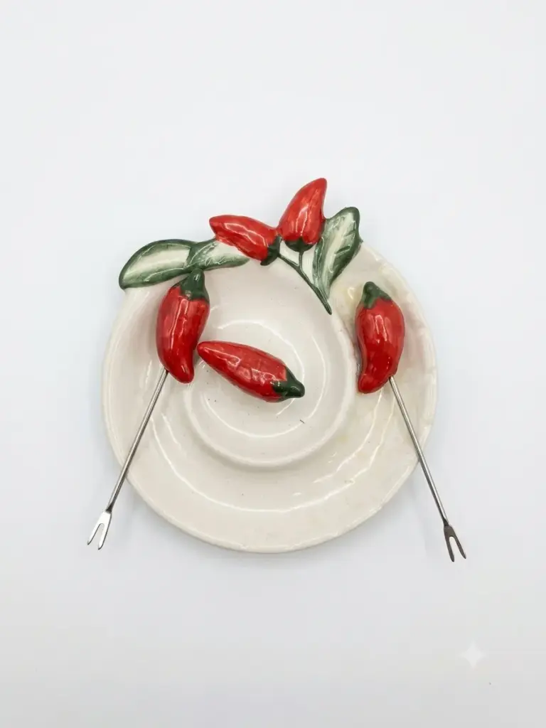 Piatto ceramica bianca a spirale con peperoncini rossi in rilievo, foglie verdi e due forchettine metalliche per aperitivo
