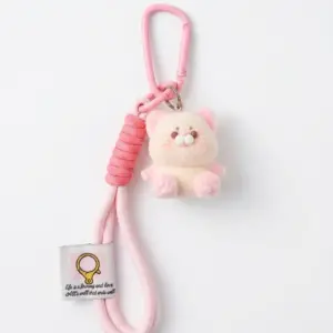Portachiavi con ciondolo gattino peluche bianco panna e rosa pastello, moschettone rosa e cordino intrecciato