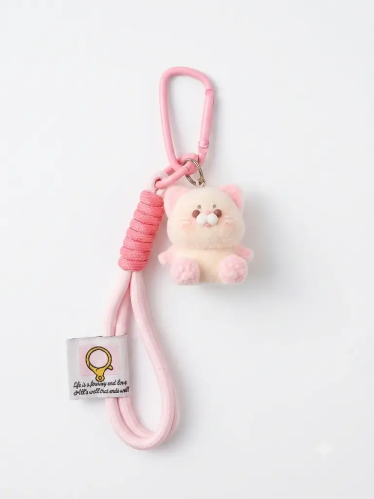 Portachiavi con ciondolo gattino peluche bianco panna e rosa pastello, moschettone rosa e cordino intrecciato