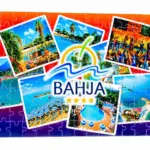 Puzzle scomponibile Bahja con collage di foto: spiagge, piscine, serate animate, logo Bahja 4 stelle su fondo arancio-viola
