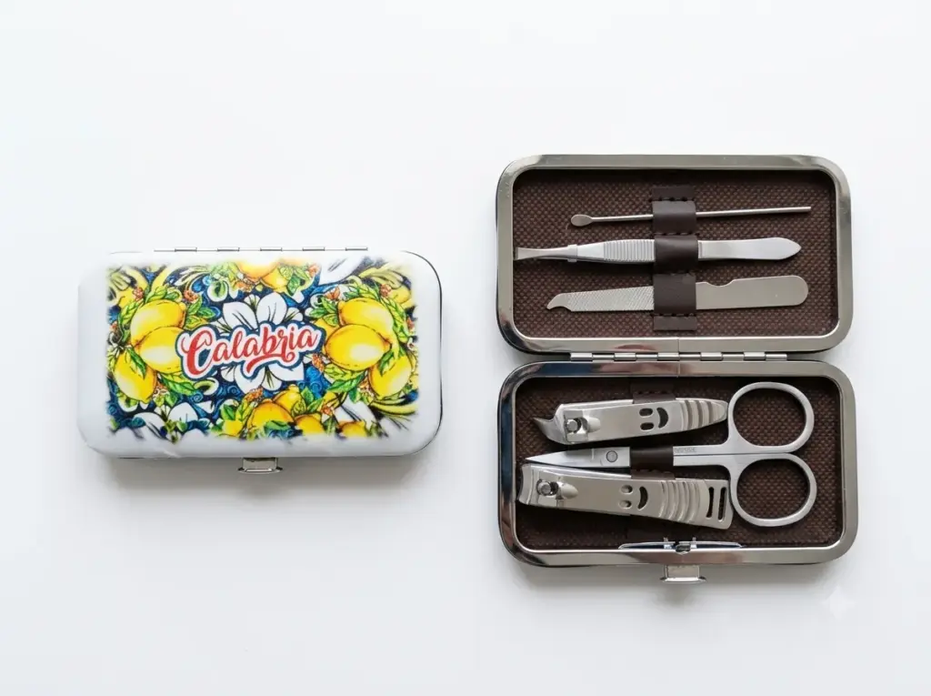 Set manicure calabria limoni custodia metallica decorata con strumenti acciaio inox