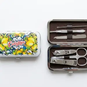 Set manicure calabria limoni custodia metallica decorata con strumenti acciaio inox